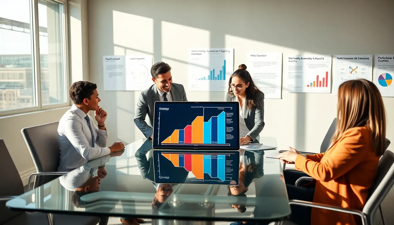 diverse team discussing a growth strategy framework in a modern office.