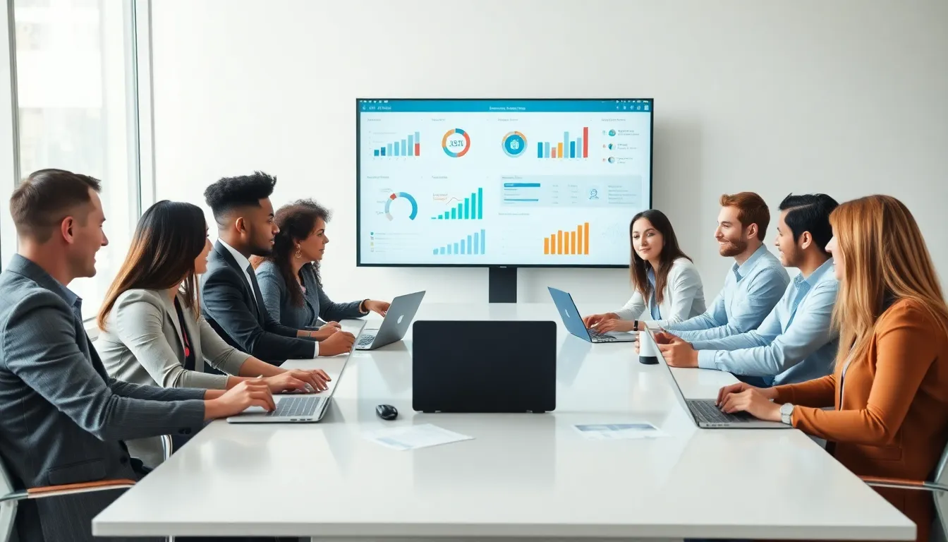 diverse team analyzing market research in a modern office setting.